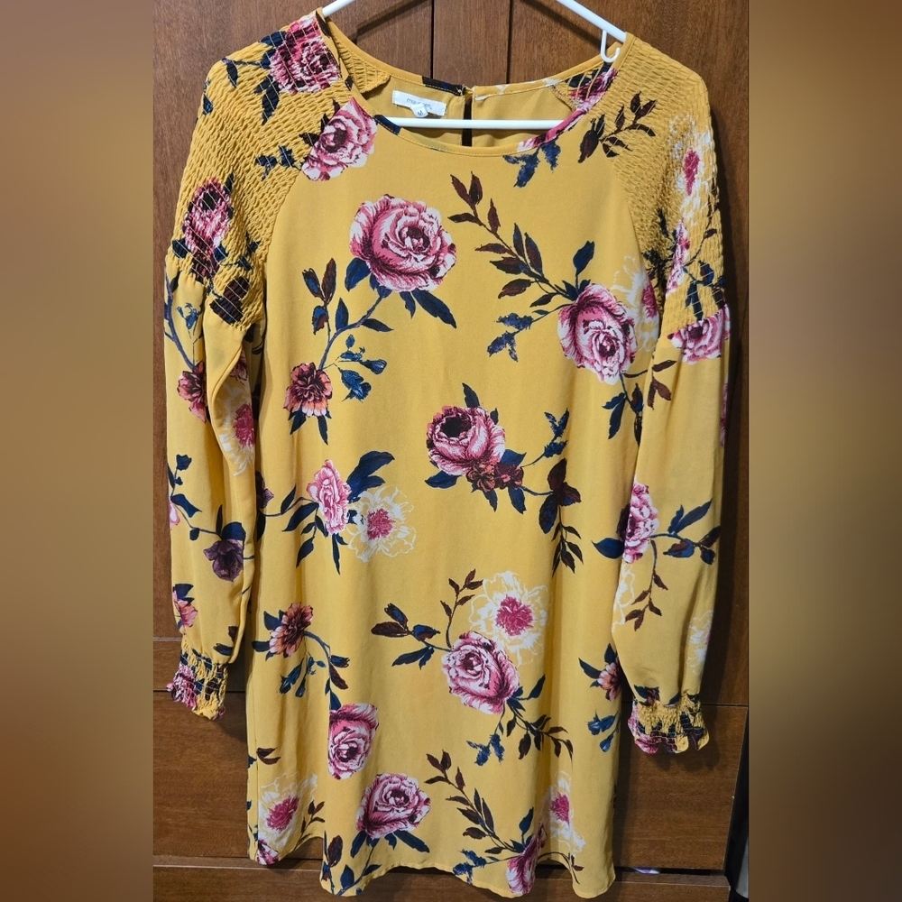 Maurices Oversize Floral Yellow Long Sleeve Mini Dress